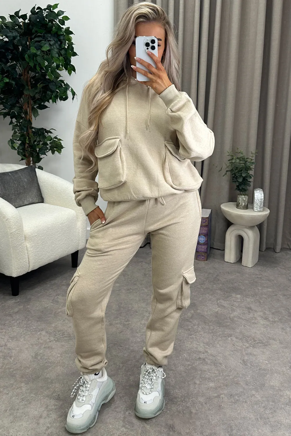 Amani Beige Utility Cargo Pocket Oversized Hoodie and Joggers Tracksuit Set