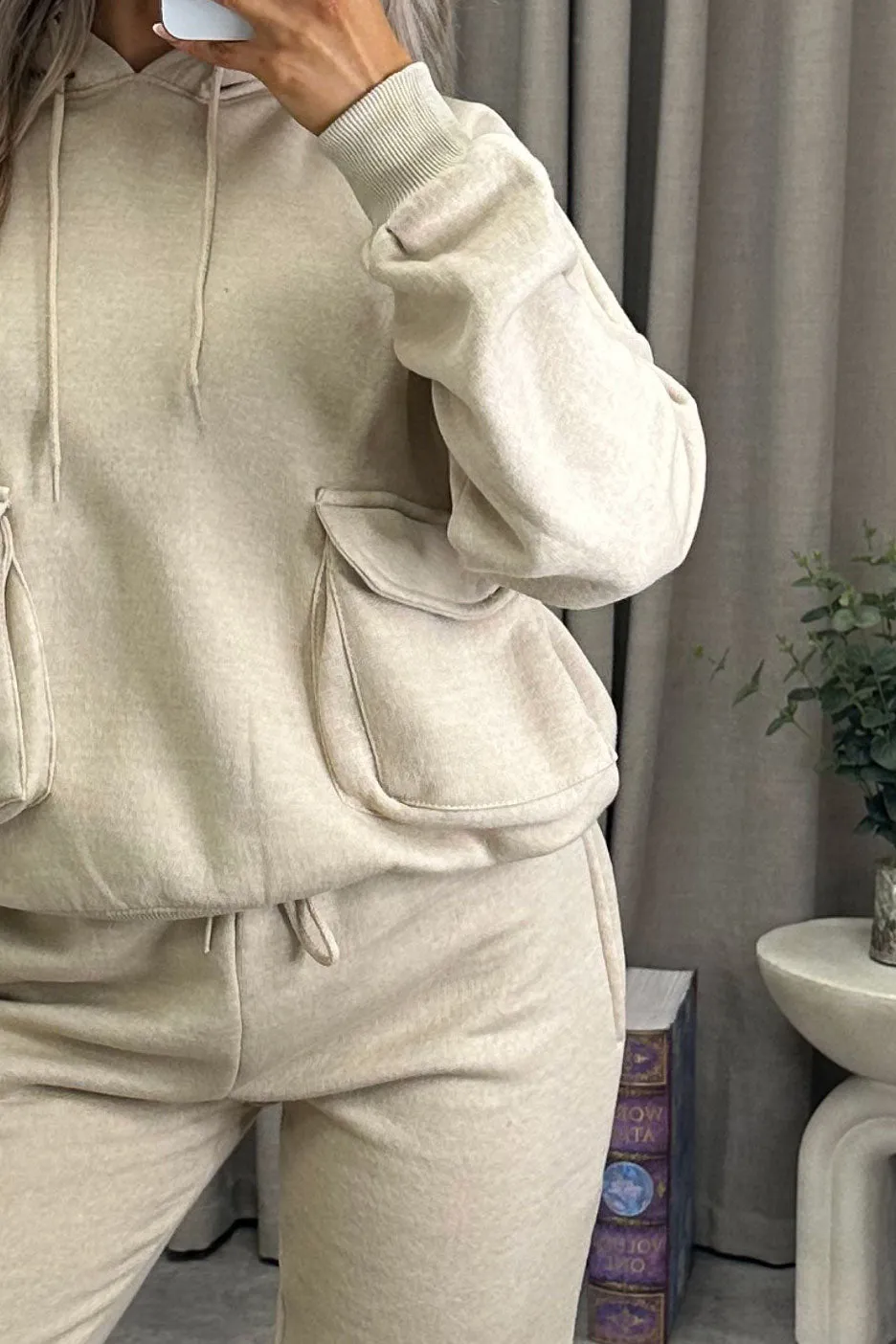 Amani Beige Utility Cargo Pocket Oversized Hoodie and Joggers Tracksuit Set