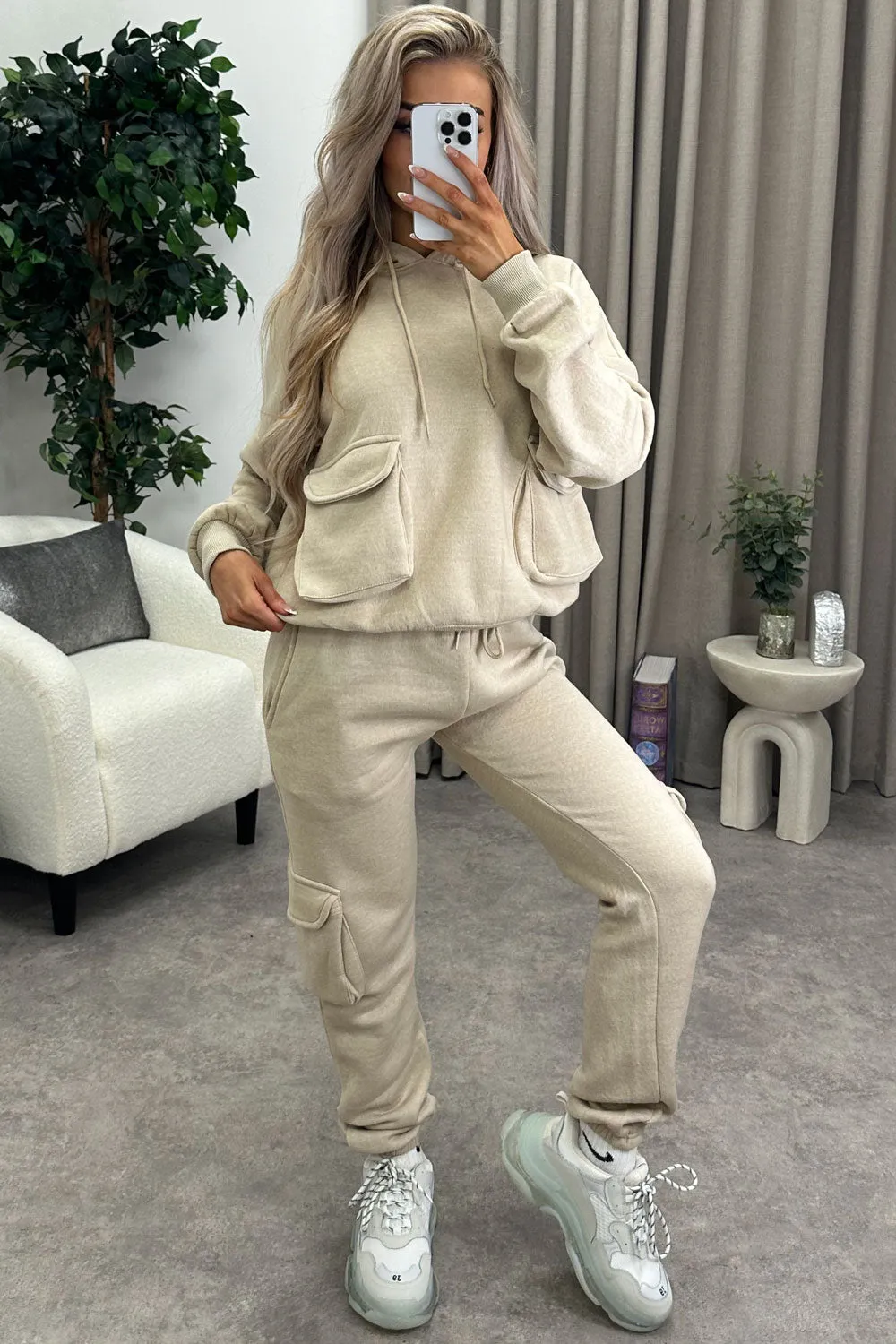 Amani Beige Utility Cargo Pocket Oversized Hoodie and Joggers Tracksuit Set