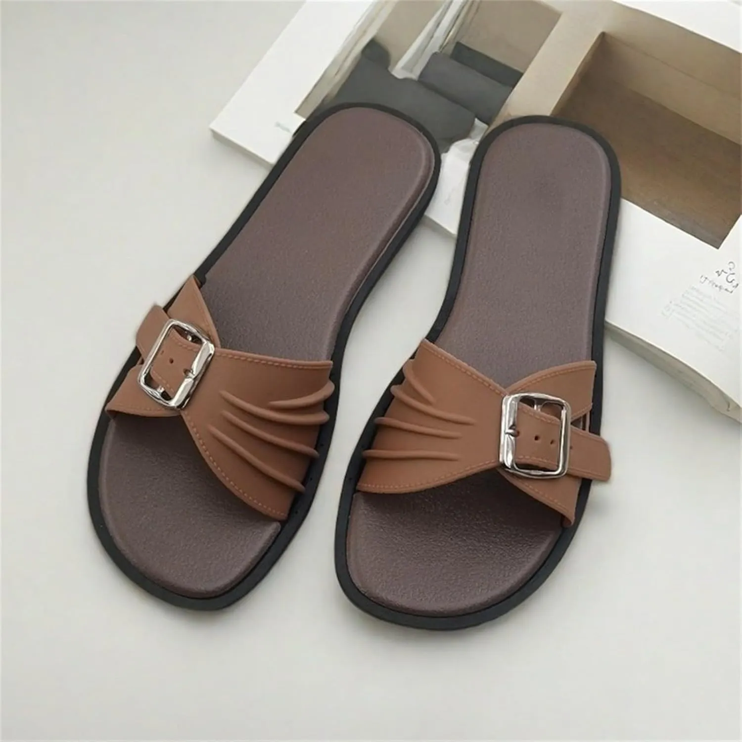 BILIKEYU Womens Slip on Slides Square Open Toe Pleated Buckle Strap Lightweight Flat Sandal Summer Beach Dress Shoes