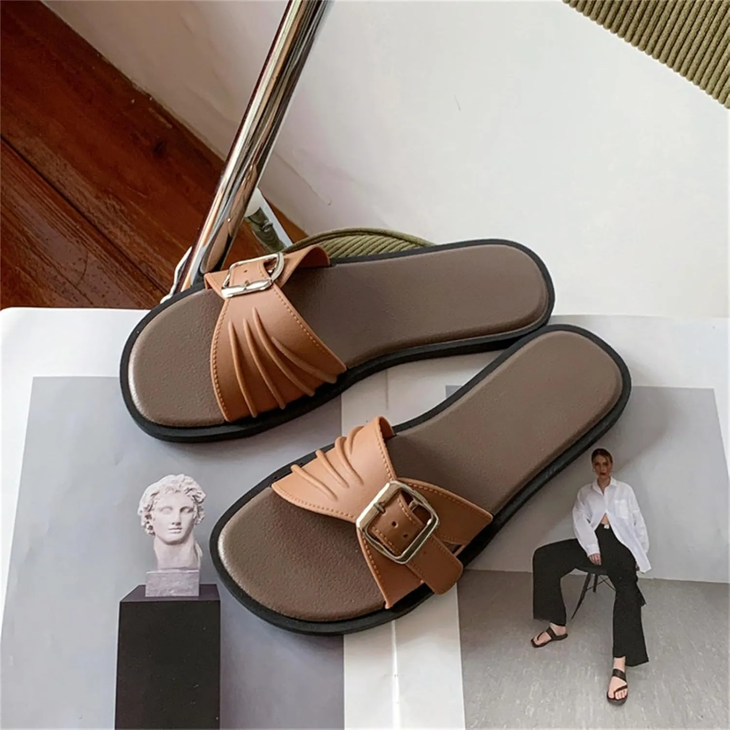 BILIKEYU Womens Slip on Slides Square Open Toe Pleated Buckle Strap Lightweight Flat Sandal Summer Beach Dress Shoes