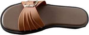 BILIKEYU Womens Slip on Slides Square Open Toe Pleated Buckle Strap Lightweight Flat Sandal Summer Beach Dress Shoes