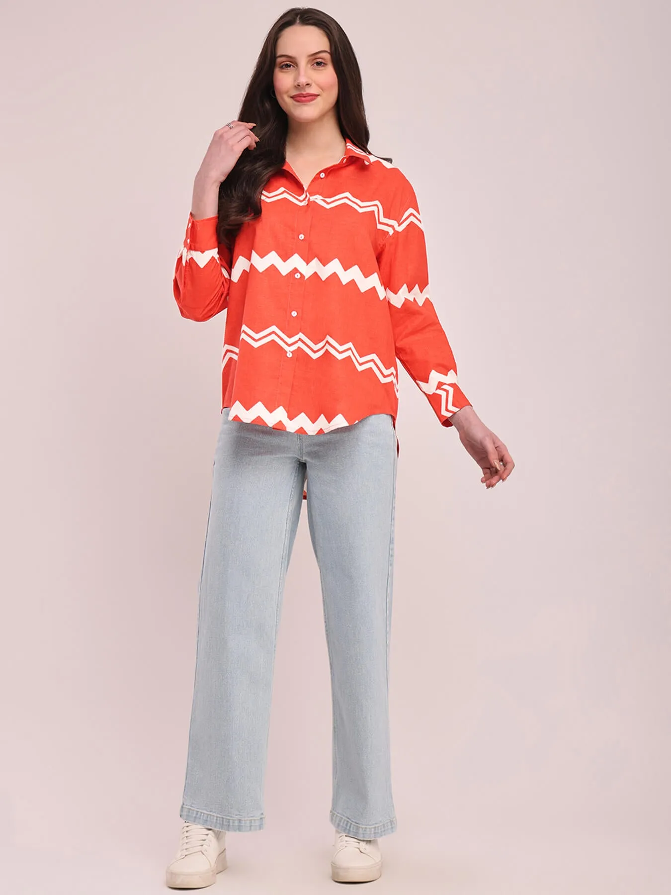 Cotton Chevron Print Shirt - Peach