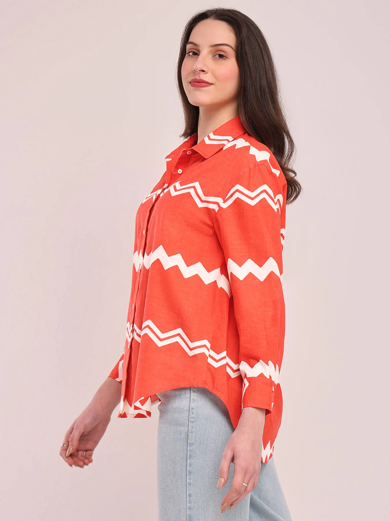 Cotton Chevron Print Shirt - Peach