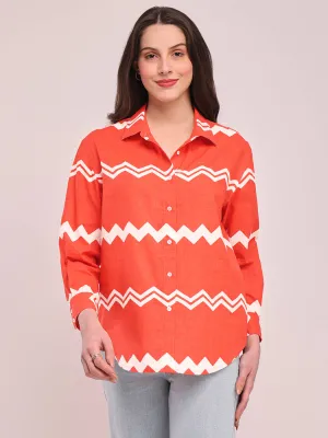 Cotton Chevron Print Shirt - Peach