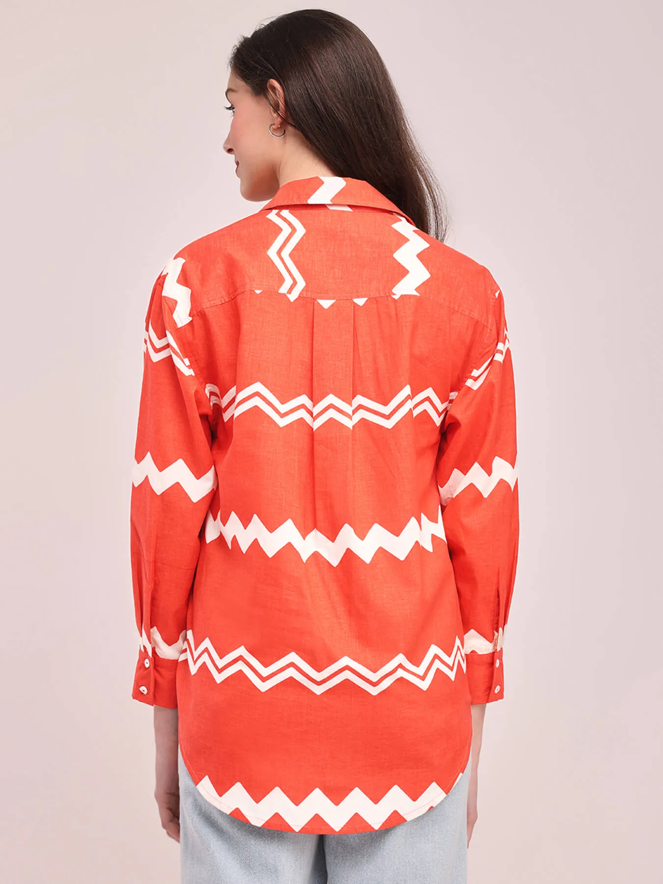 Cotton Chevron Print Shirt - Peach
