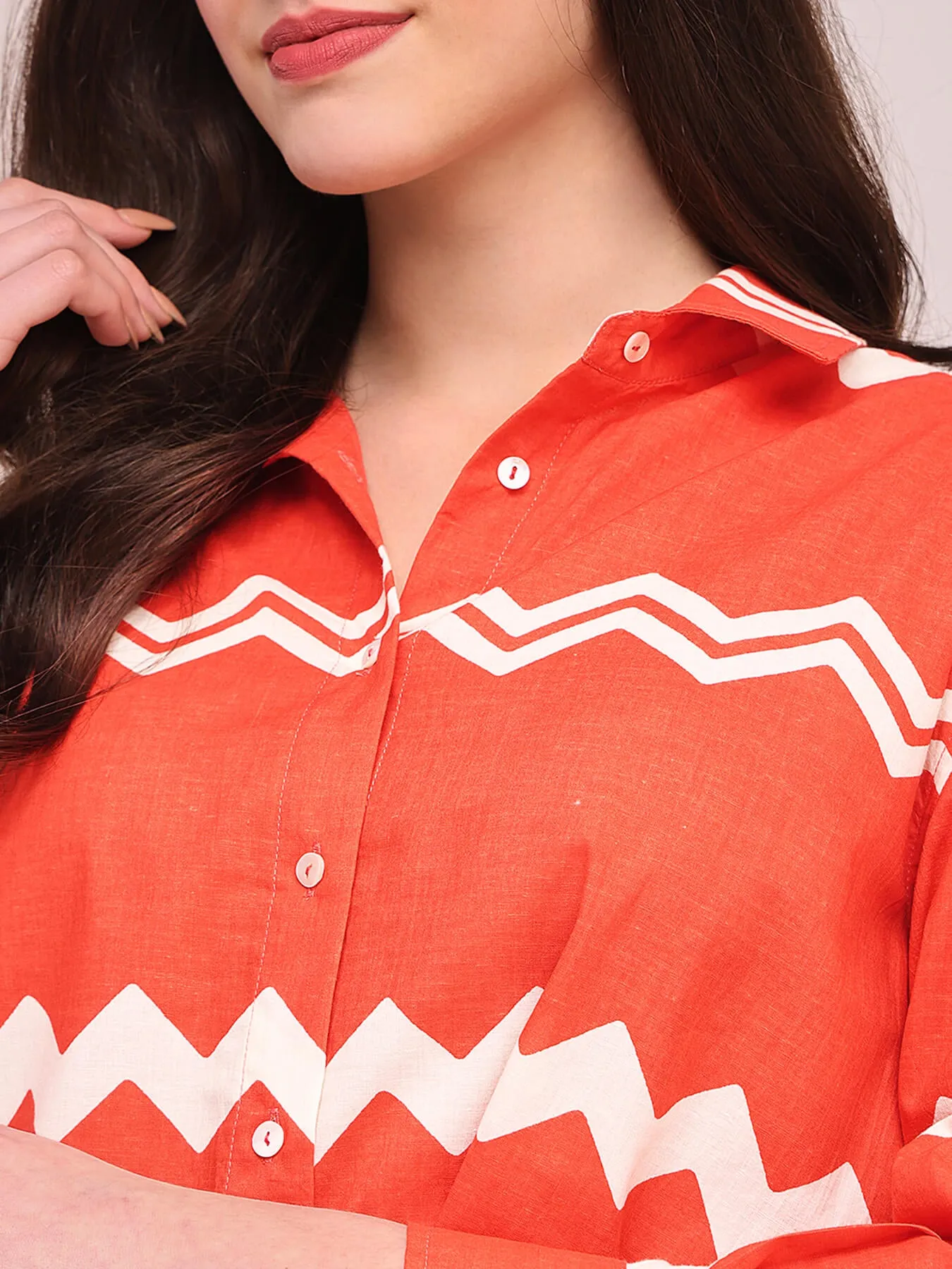 Cotton Chevron Print Shirt - Peach