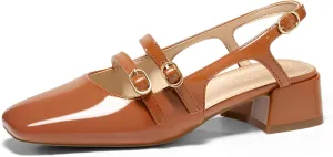 Coutgo Womens Mary Jane Chunky Low Heels Slingback Pumps Closed Square Toe Wedding Dress Shoes