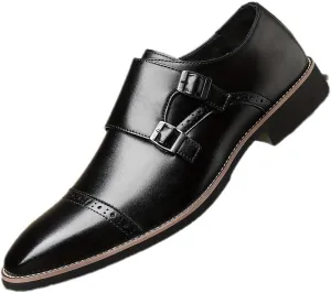 Formal Shoes for Mens Toe Double Monk Vegan Leather Wedding Slip On Pointed Toe Classic Business Party Wedding Block Heel Casual