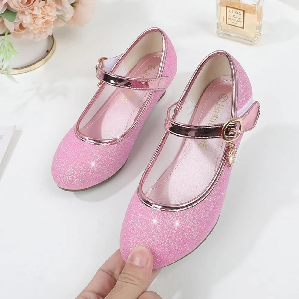 Girls Heels Dress Shoes Mary Jane Pumps Low Heel Princess Flower Wedding Party