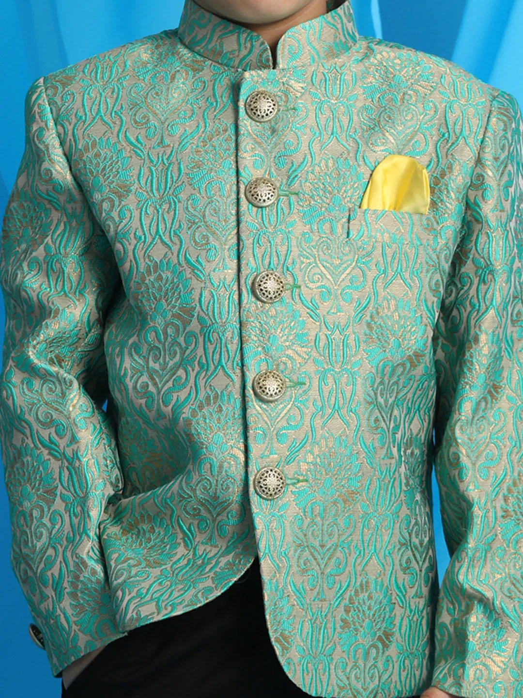 Jashvi Boy's Green Woven Design Jodhpuri