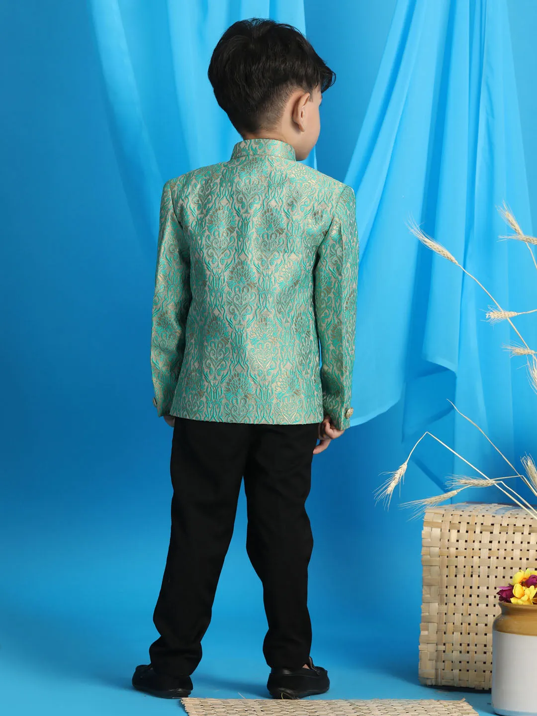 Jashvi Boy's Green Woven Design Jodhpuri
