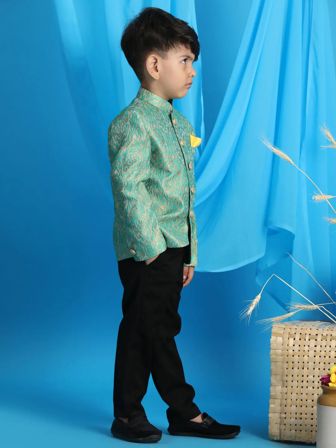 Jashvi Boy's Green Woven Design Jodhpuri