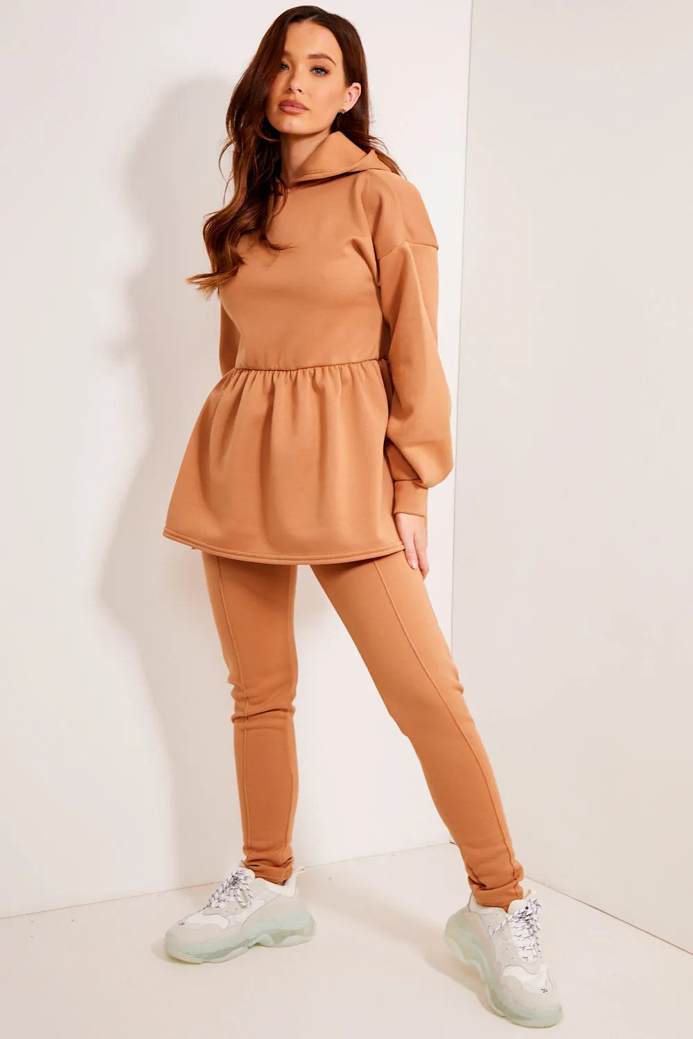 Jordie Camel Peplum Hoodie and Joggers Lounge Co-Ord Set