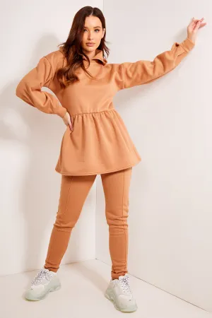 Jordie Camel Peplum Hoodie and Joggers Lounge Co-Ord Set