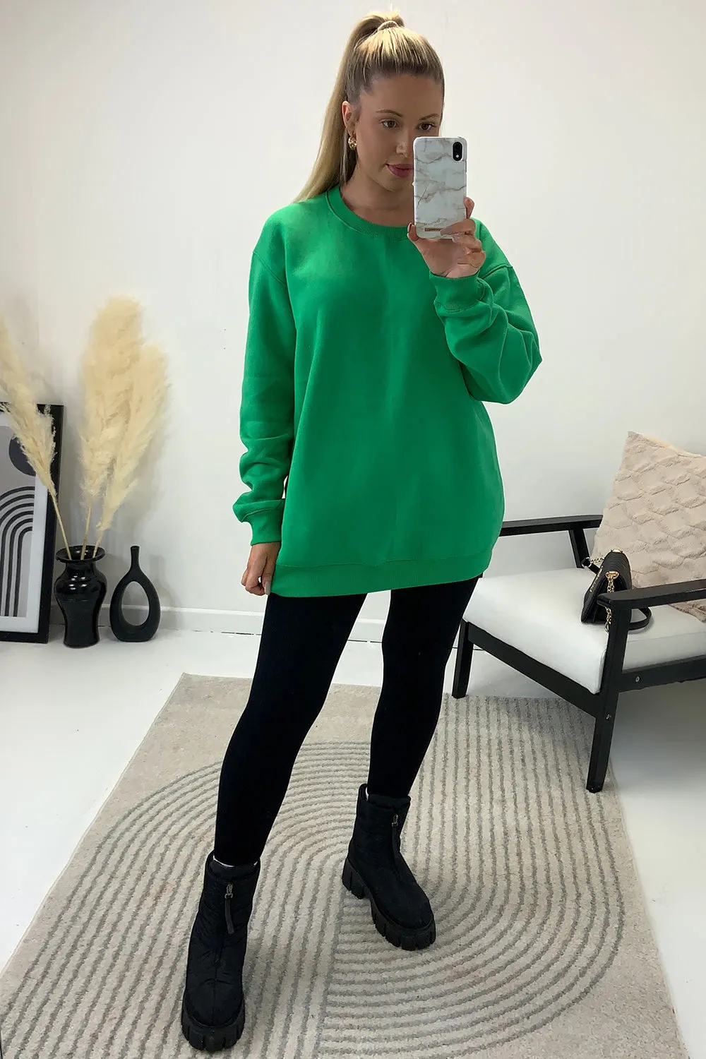 Malika Green Oversized Happy Slogan Printed Back Jumper