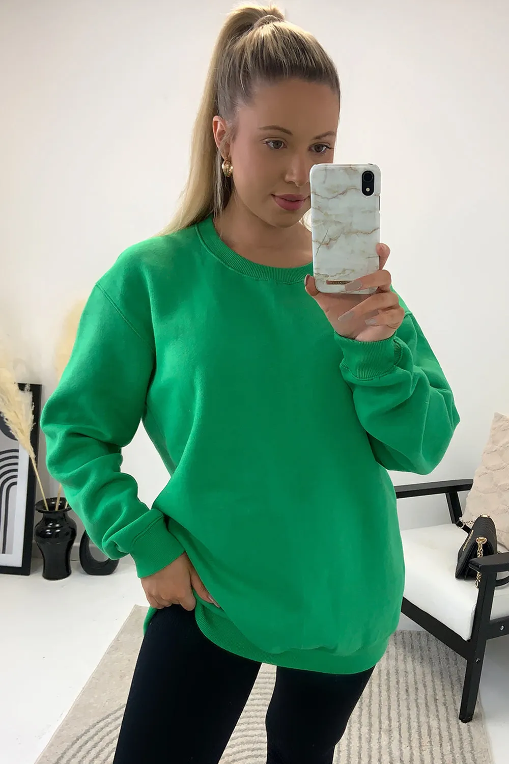 Malika Green Oversized Happy Slogan Printed Back Jumper