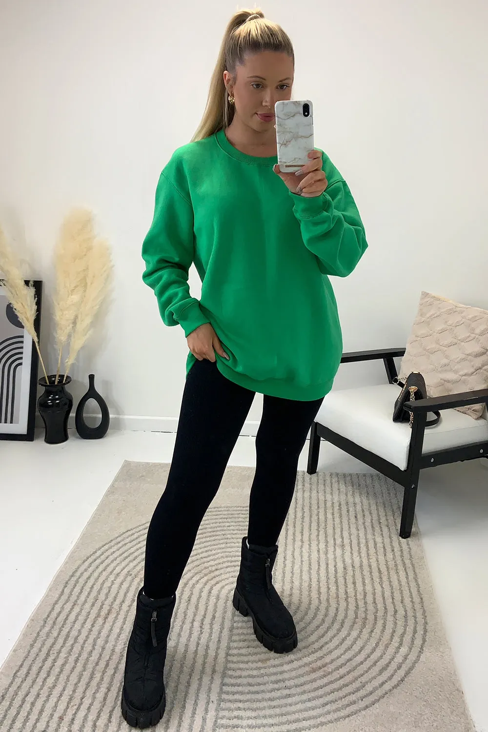 Malika Green Oversized Happy Slogan Printed Back Jumper