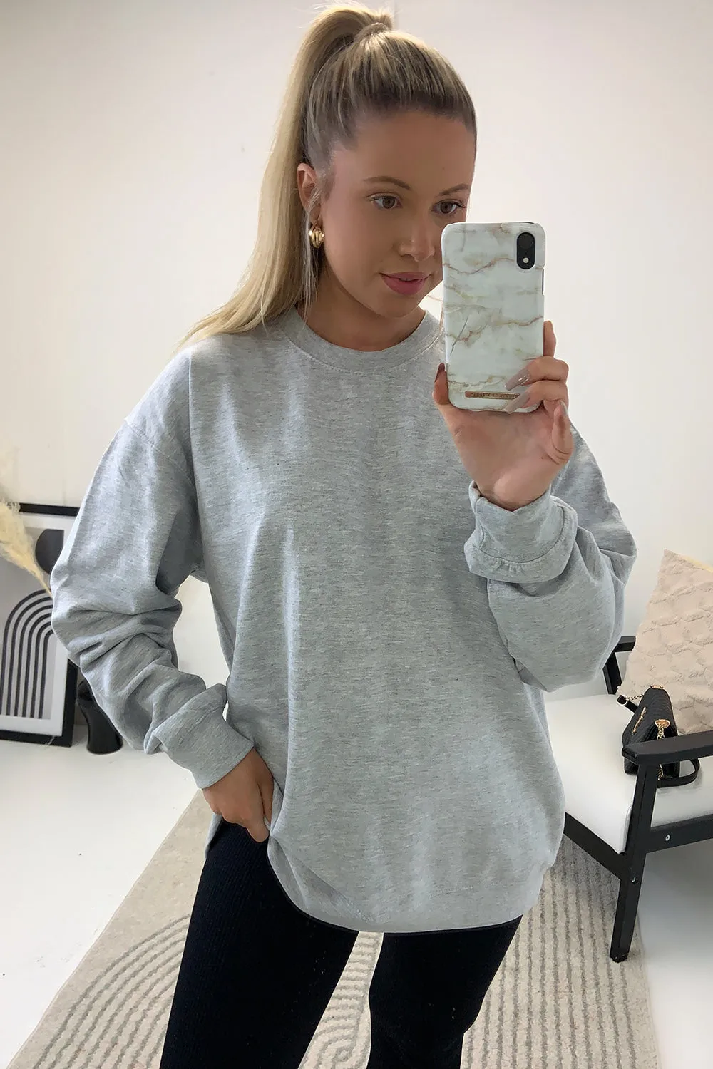 Malika Grey Oversized Happy Slogan Printed Back Jumper
