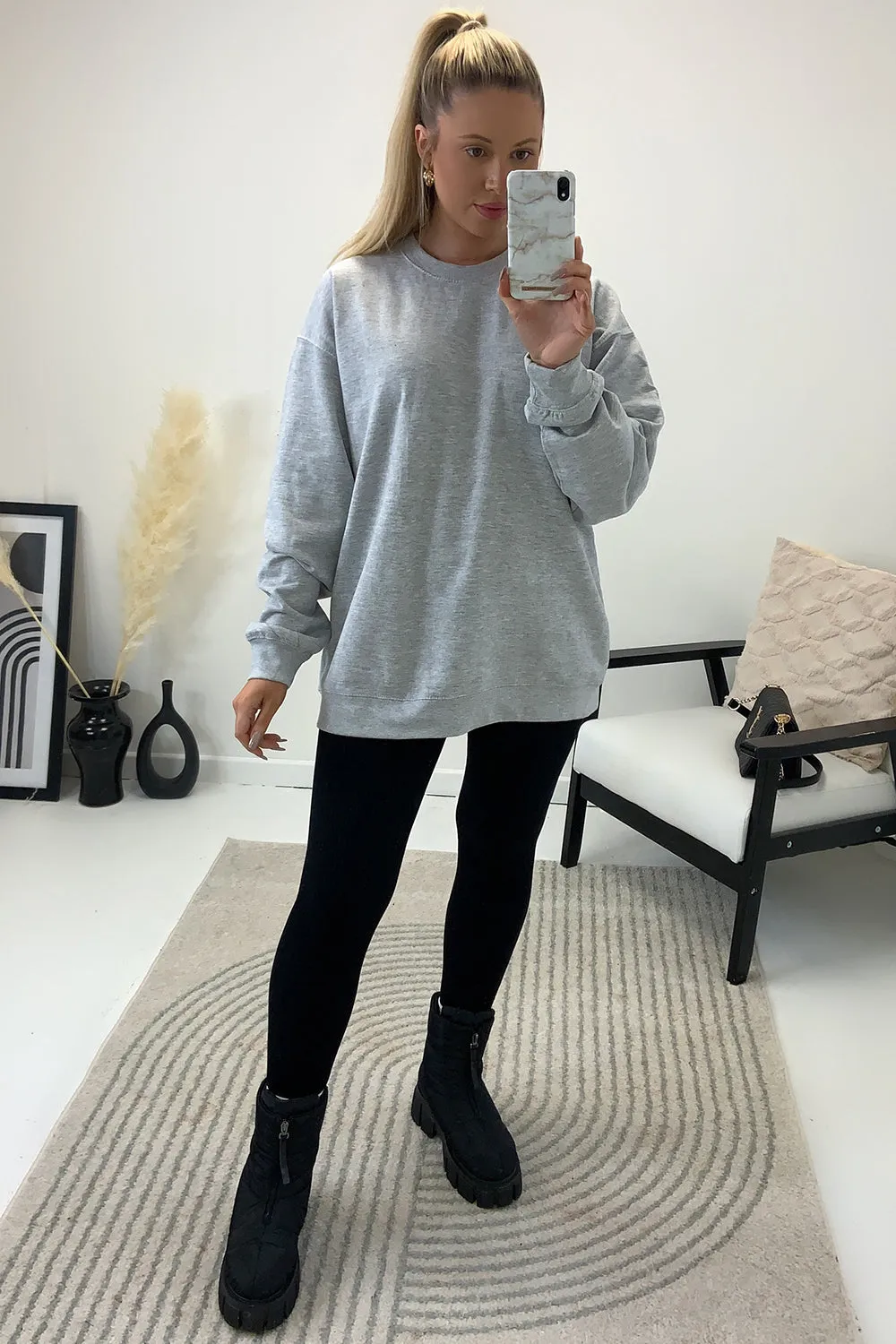 Malika Grey Oversized Happy Slogan Printed Back Jumper