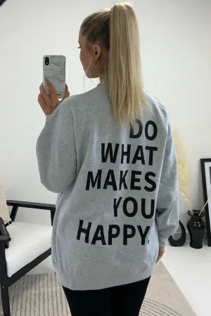 Malika Grey Oversized Happy Slogan Printed Back Jumper