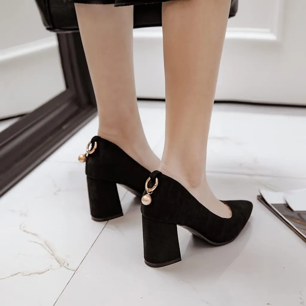 MIOKE Women's Fashion Pointed Toe Chunky Block Mid Heel Pumps Suede Slip-On Comfort Work Office Dress Shoes