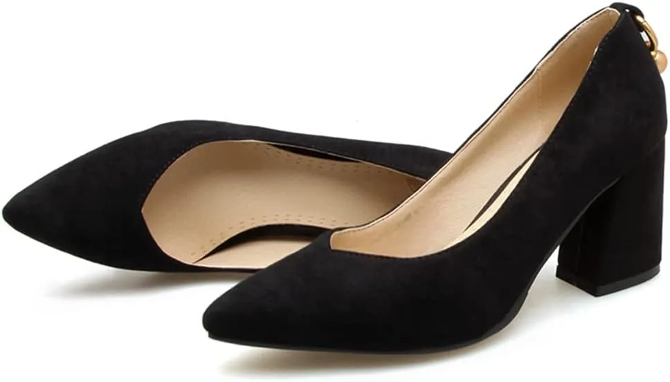 MIOKE Women's Fashion Pointed Toe Chunky Block Mid Heel Pumps Suede Slip-On Comfort Work Office Dress Shoes