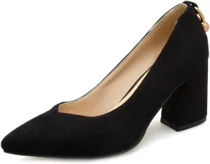 MIOKE Women's Fashion Pointed Toe Chunky Block Mid Heel Pumps Suede Slip-On Comfort Work Office Dress Shoes