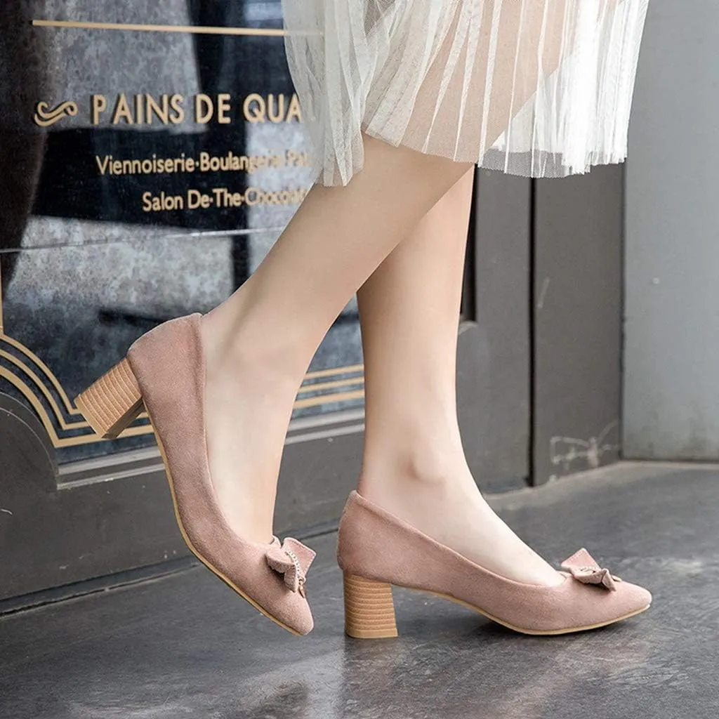 MIOKE Women's Pointed Toe Chunky Block Mid Heel Pump Suede Tassel Slip-On Loafer Casual Office Dress Shoes