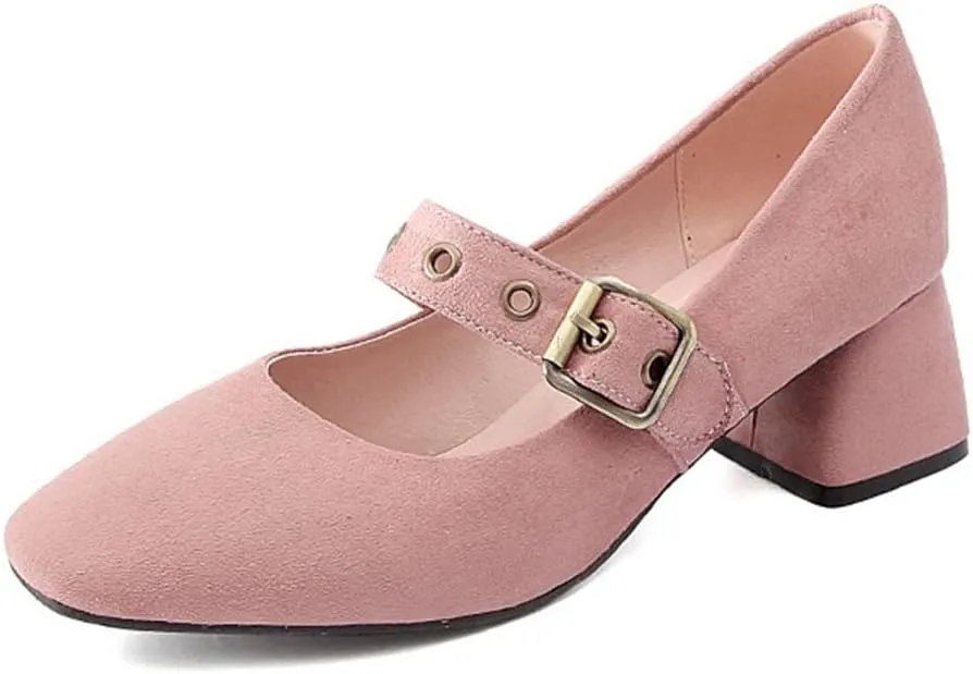 MIOKE Women's Retro Square Toe Chunky Mid Heel Pumps Casual Suede Buckle Strap Mary Jane Office Dress Shoes