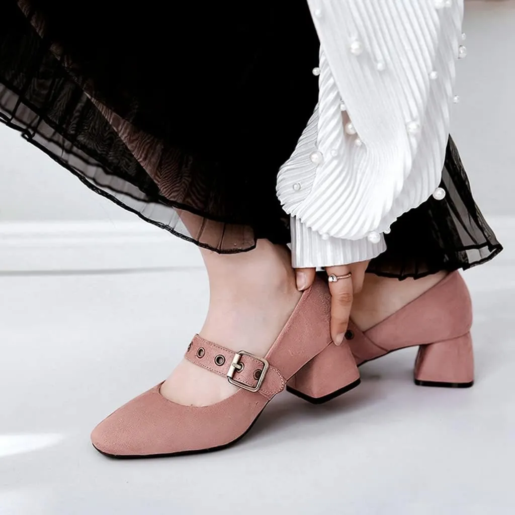 MIOKE Women's Retro Square Toe Chunky Mid Heel Pumps Casual Suede Buckle Strap Mary Jane Office Dress Shoes