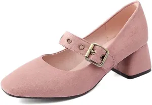 MIOKE Women's Retro Square Toe Chunky Mid Heel Pumps Casual Suede Buckle Strap Mary Jane Office Dress Shoes