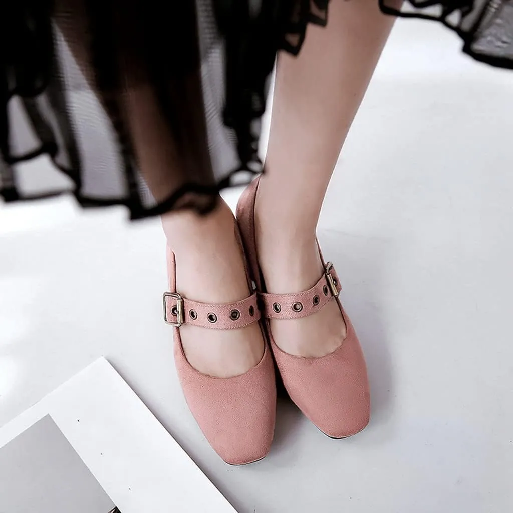 MIOKE Women's Retro Square Toe Chunky Mid Heel Pumps Casual Suede Buckle Strap Mary Jane Office Dress Shoes