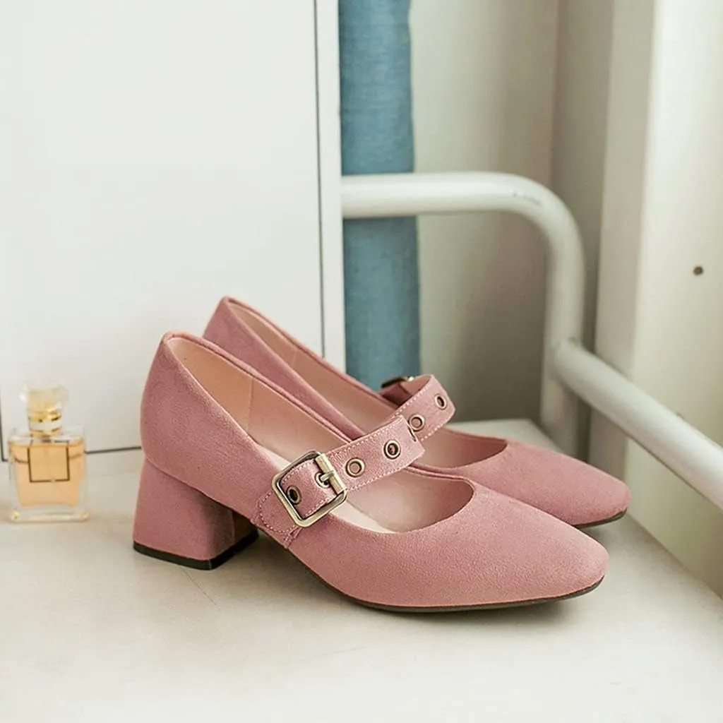 MIOKE Women's Retro Square Toe Chunky Mid Heel Pumps Casual Suede Buckle Strap Mary Jane Office Dress Shoes