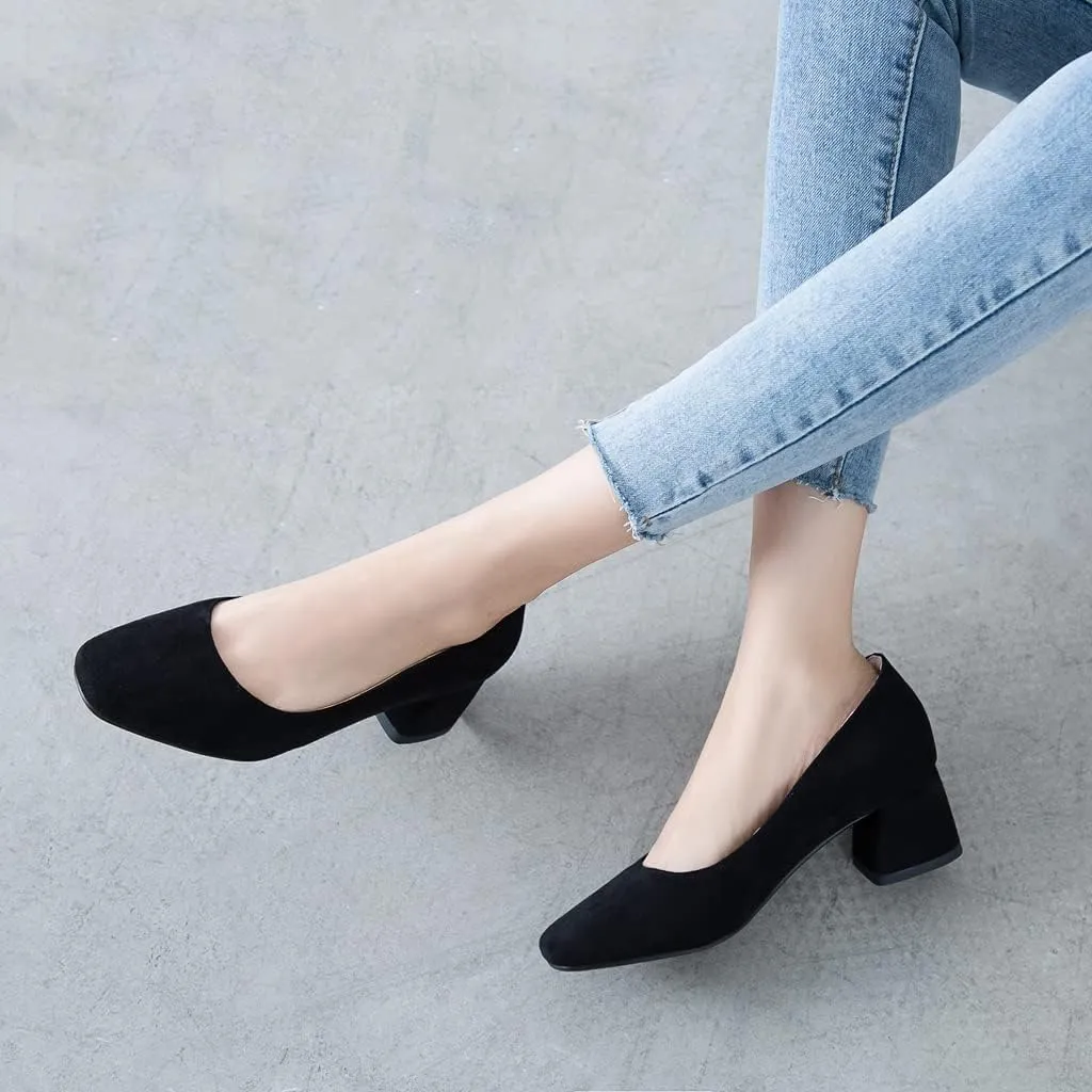 MIOKE Women's Round Toe Chunky Block Mid Heel Pumps Buckle Suede Slip-On Casual Work Office Dress Shoes