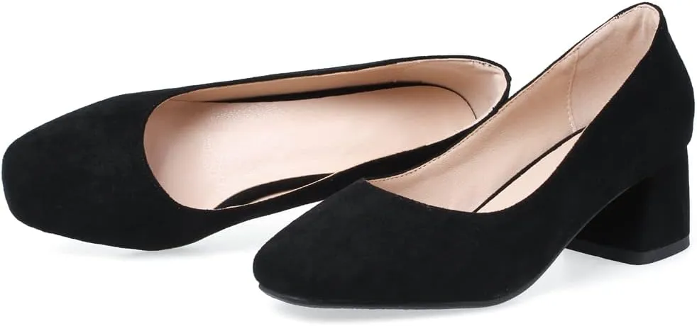 MIOKE Women's Round Toe Chunky Block Mid Heel Pumps Buckle Suede Slip-On Casual Work Office Dress Shoes