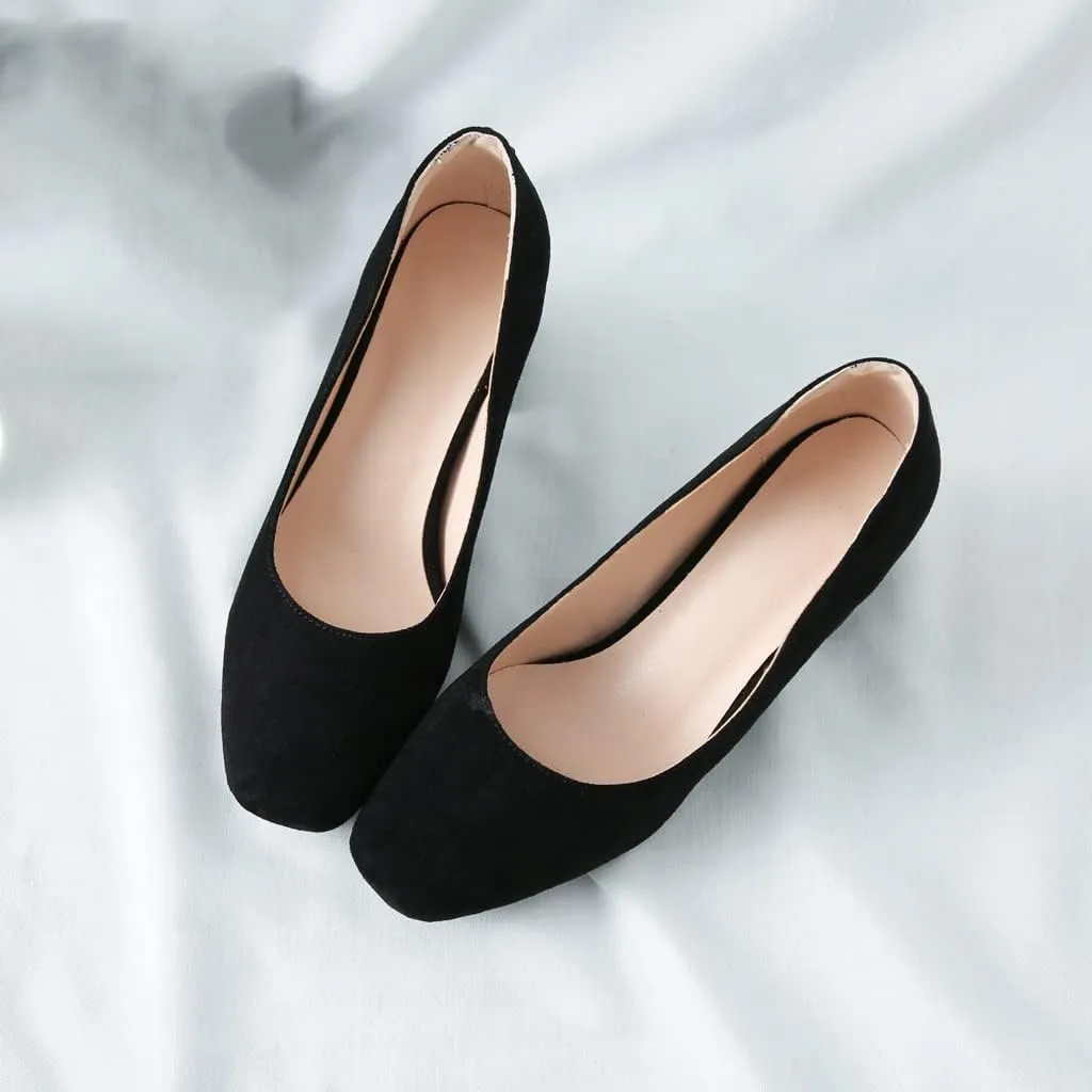 MIOKE Women's Round Toe Chunky Block Mid Heel Pumps Buckle Suede Slip-On Casual Work Office Dress Shoes