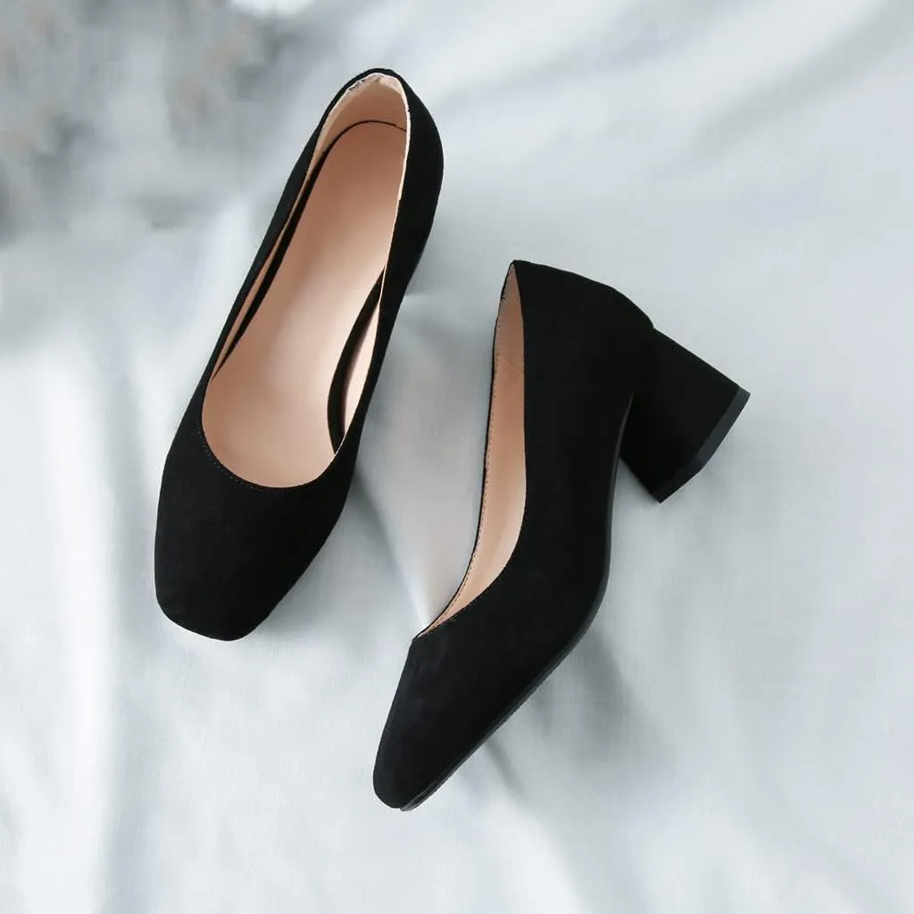 MIOKE Women's Round Toe Chunky Block Mid Heel Pumps Buckle Suede Slip-On Casual Work Office Dress Shoes