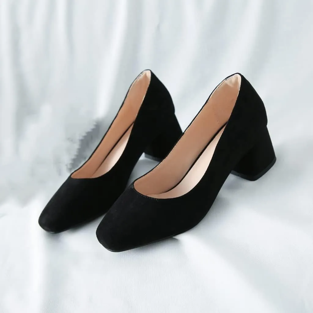 MIOKE Women's Round Toe Chunky Block Mid Heel Pumps Buckle Suede Slip-On Casual Work Office Dress Shoes