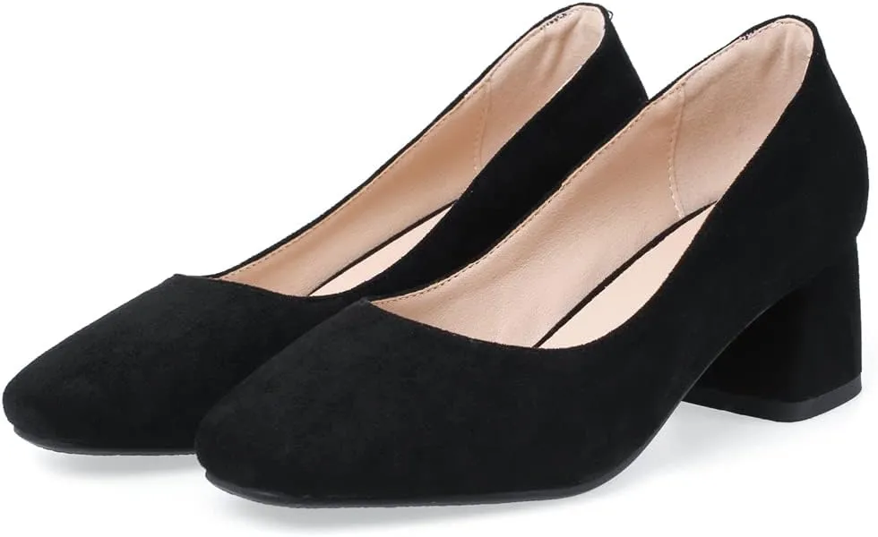 MIOKE Women's Round Toe Chunky Block Mid Heel Pumps Buckle Suede Slip-On Casual Work Office Dress Shoes