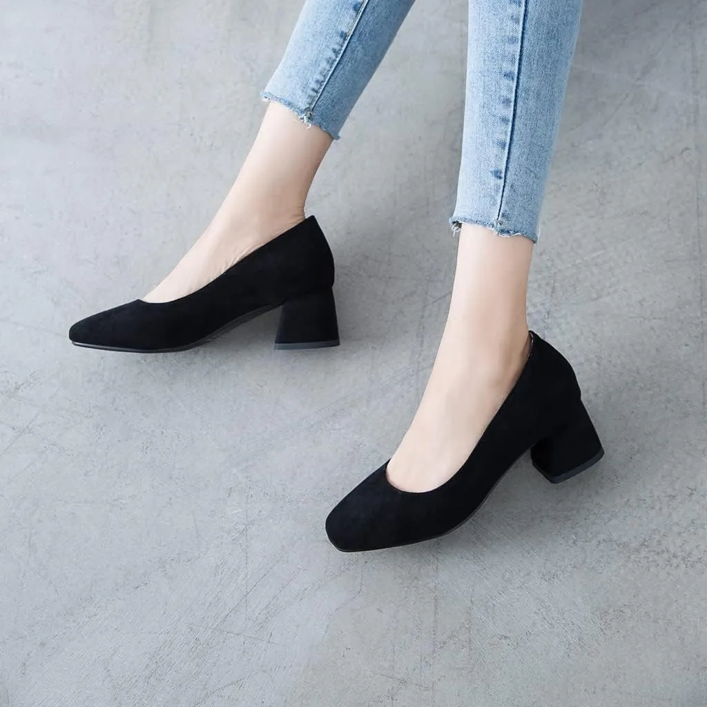 MIOKE Women's Round Toe Chunky Block Mid Heel Pumps Buckle Suede Slip-On Casual Work Office Dress Shoes