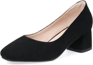 MIOKE Women's Round Toe Chunky Block Mid Heel Pumps Buckle Suede Slip-On Casual Work Office Dress Shoes