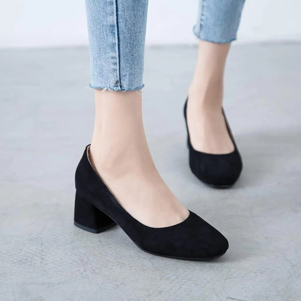 MIOKE Women's Round Toe Chunky Block Mid Heel Pumps Buckle Suede Slip-On Casual Work Office Dress Shoes