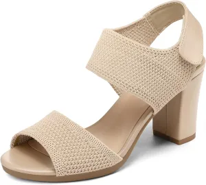 mysoft Women's Chunky Block High Heels Elastic Knit Open Toe Slingback Heeled Sandals