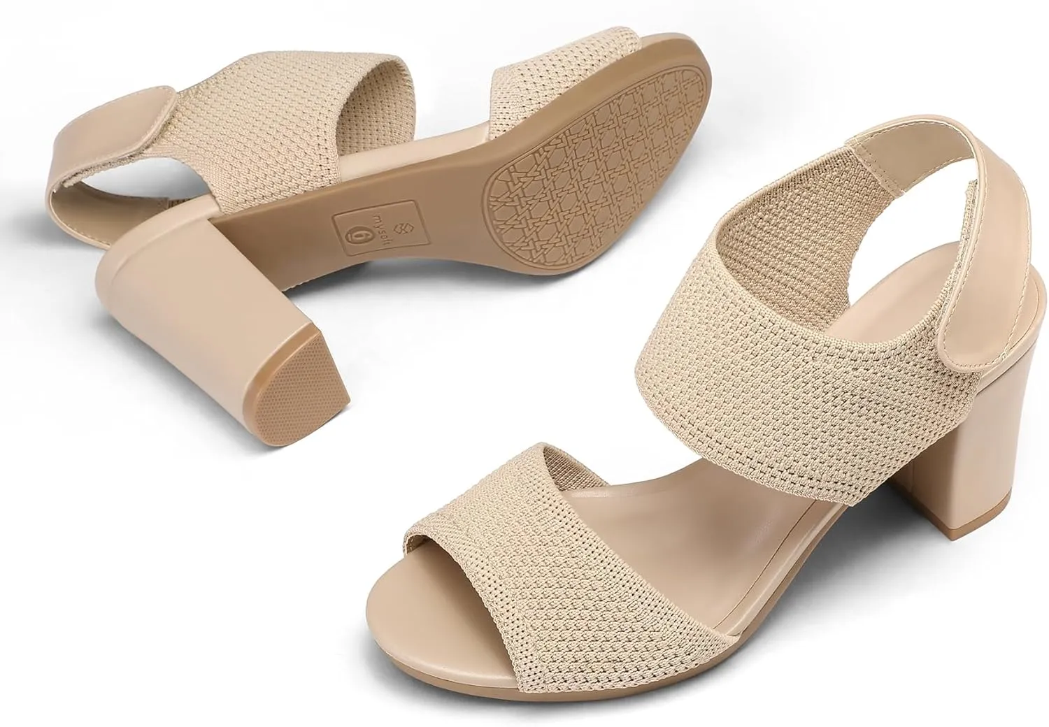 mysoft Women's Chunky Block High Heels Elastic Knit Open Toe Slingback Heeled Sandals