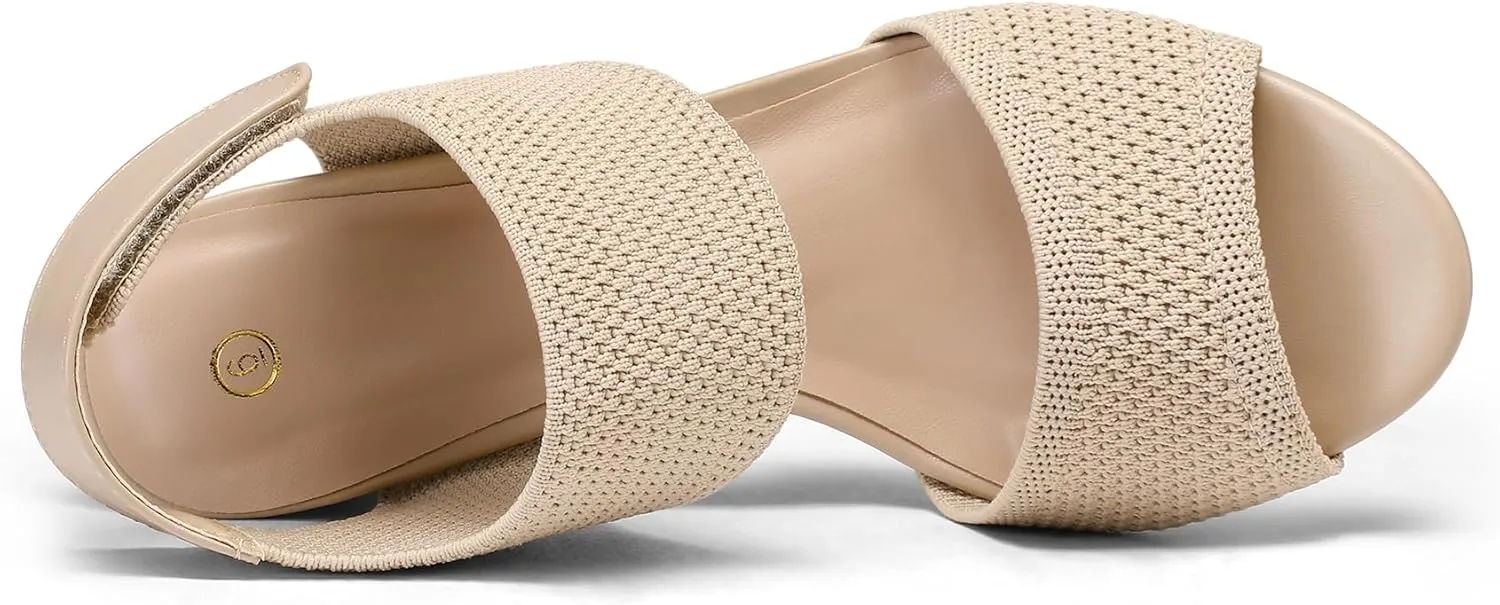 mysoft Women's Chunky Block High Heels Elastic Knit Open Toe Slingback Heeled Sandals