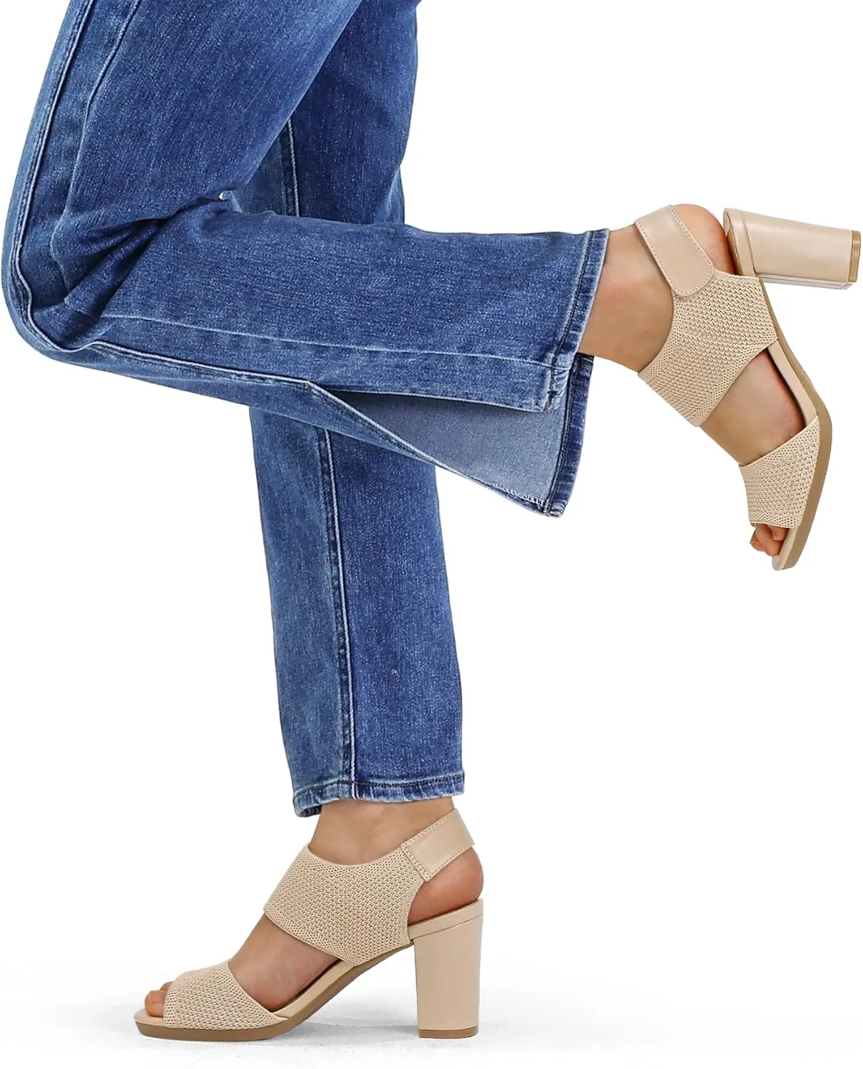 mysoft Women's Chunky Block High Heels Elastic Knit Open Toe Slingback Heeled Sandals