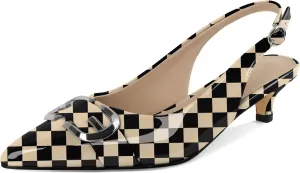 Slingback Kitten Heels for Womens Low Heel Pumps with Mental Buckle Pointed Toe Heels Elegant Comfortable Pumps 1.6 Inch Adorable Pumps