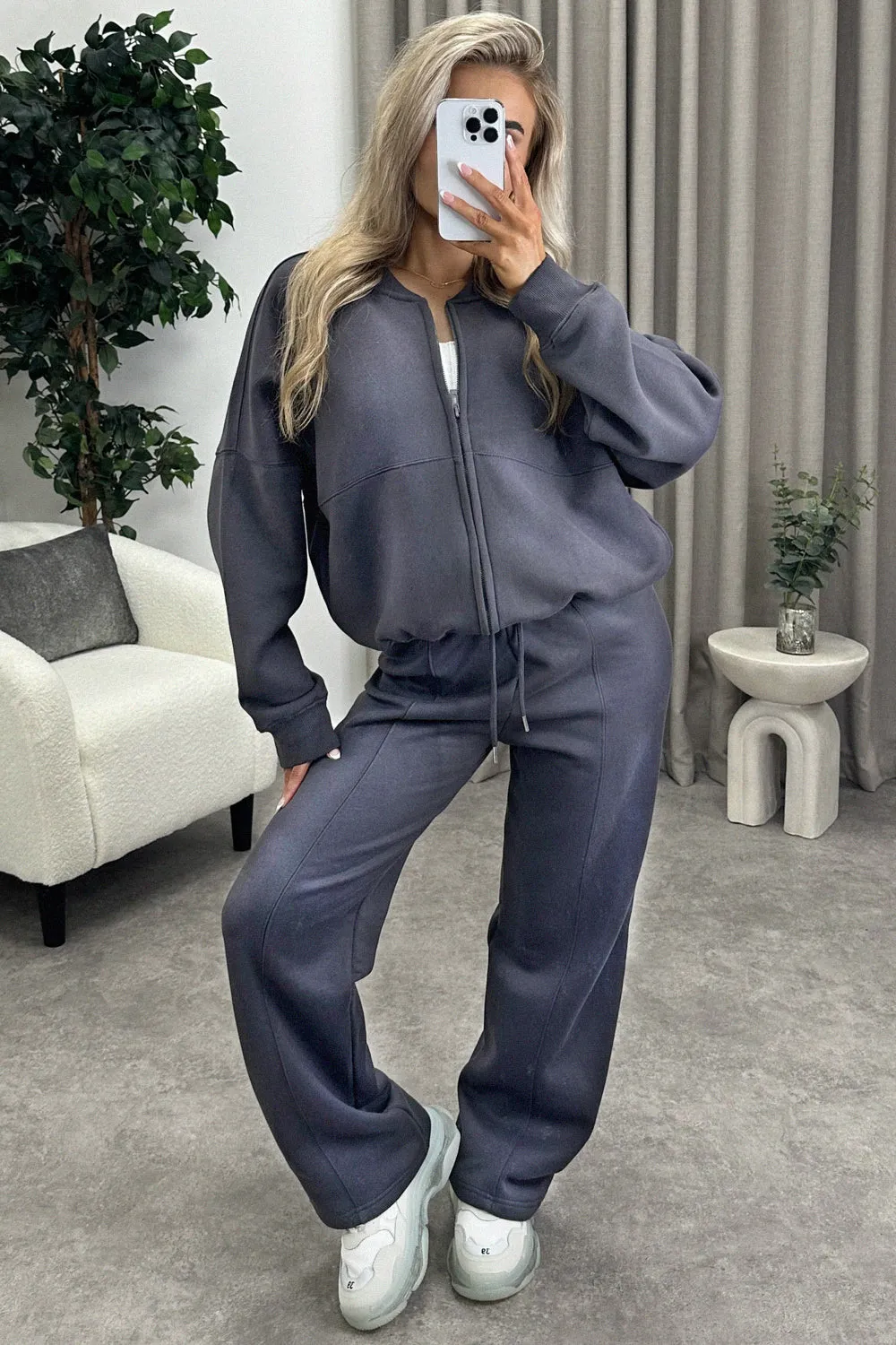 Suse Charcoal Distressed Wash Seam Front Zip Up Bomber Jacket and Joggers Tracksuit Set