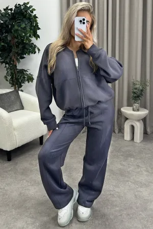 Suse Charcoal Distressed Wash Seam Front Zip Up Bomber Jacket and Joggers Tracksuit Set